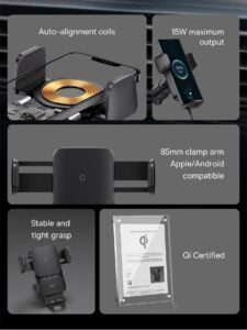 Gadgetoo Baseus Wisdom Qi 15W Auto Alignment Car Mount Wireless Charger With Suction Cup