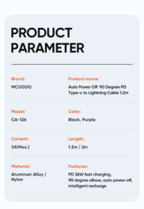 Gadgetoo Mcdodo Ca-1262 Auto Disconnect Usb Type C To Lightning 36W L Type 90 Degree Data Cable 2M
