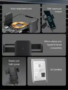 Gadgetoo Baseus Wisdom Qi 15W Auto Alignment Car Mount Wireless Charger With Suction Cup