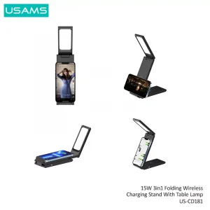 Gadgetoo Usams Us-Cd181 15W 3In1 Folding Wireless Charging Stand With Table Lamp