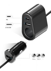 Gadgetoo Wiwu Qc300 Multi-Functional Car Charger With Extension Cable