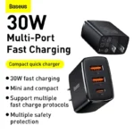 BASEUS 30W Compact Fast Charger 2USB+Type-C Multi-Port Wall Charger UK Plug - Image 3