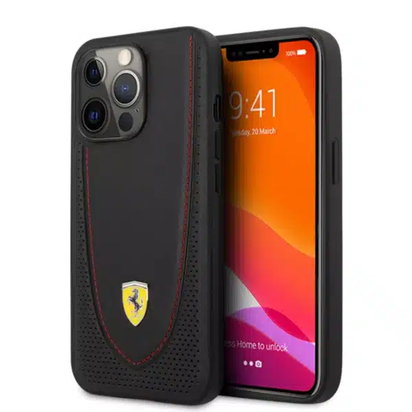 Scuderia Ferrari Leather MagSafe Case Black with Curved Line Stitched and Perforated Design for iPhone 14 Pro / 14 Pro Max