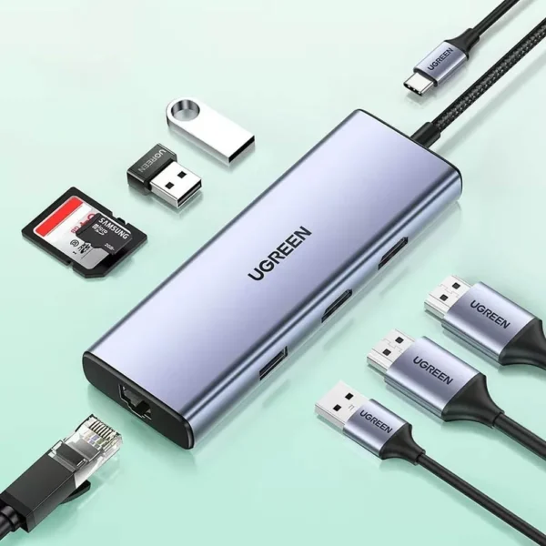 Ugreen HUB 9 in1 USB Type C Multifunctional 2x USB 3.2 Gen 1 1x USB 2.0 2x HDMI 4K 60Hz SD and TF SB Type C PD 100W Ethernet RJ45