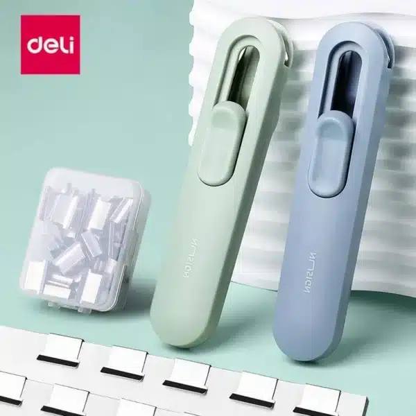 Deli Paper Clip Dispenser Stapler with 50pcs Metal Refill Clips File Document Clamp Binding Tool Clipper