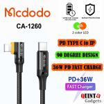 MCDODO CA-1260 36W Auto Power Off 90 Degree Type C To IP PD USB Data Cable Super Fast Quick Charging 1.8METER