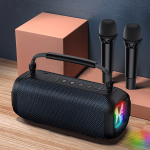 With handle:practical, portable. Easy to carry indoors and outdoors. Waterproof: IPX6 Triple sound effects: vocals, KTV, ect. Support: Bluetooth, TF, U disk, AUX Fashion light effect: RGB light effect, full of atmosphere. Long working time: 20 H(65dB SPL) With Microphone, so immediately connected can sing.