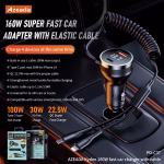 AZEADA 160W USB Type C Fast Car Charger with Elastic Cable Portable for iPhone 15 14 Pro Max Tablets GPS Xiaomi 13 Oneplus Oppo