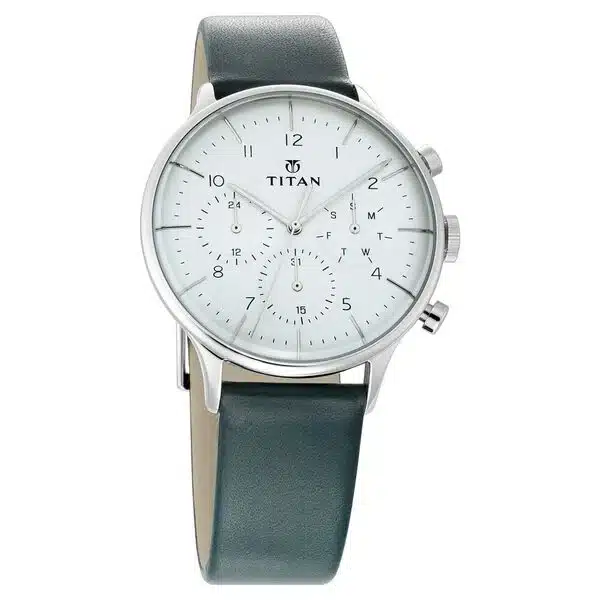 Titan Quartz Multifunction White Dial Leather Strap Watch for Men 90102SL03
