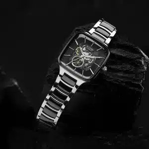 Gadgetoo Titan Ceramic Fusion Automatic Square Black Dial Silver Dual-Toned Stainless Steel Bracelet Watch For Men 90175Kd01