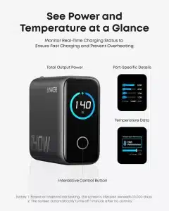 Gadgetoo Anker Laptop Charger Zolo 140W 4-Port Pd 3.1 With Usb-C Cable &Amp; Digital Display (B2697) Global