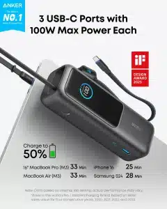 Gadgetoo Anker Laptop Power Bank (25K, 165W, Built-In And Retractable Cables)