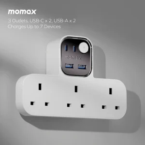 Gadgetoo Momax 1-Charge Work Flow T-Shaped Extension Cord With 3 Sockets, 2 Usb-A, And 2 Usb-C Ports