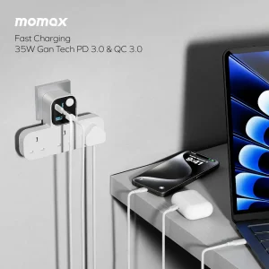 Gadgetoo Momax 1-Charge Work Flow T-Shaped Extension Cord With 3 Sockets, 2 Usb-A, And 2 Usb-C Ports