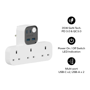 Gadgetoo Momax 1-Charge Work Flow T-Shaped Extension Cord With 3 Sockets, 2 Usb-A, And 2 Usb-C Ports