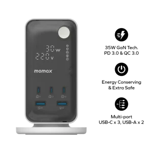Gadgetoo Momax 1-Charge Work Flow 6-Outlet Gan Power Tower 35W With Usb Ports
