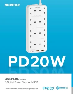 Gadgetoo Momax Oneplug 8-Outlet Power Strip With Usb And 20W Usb-C Pd